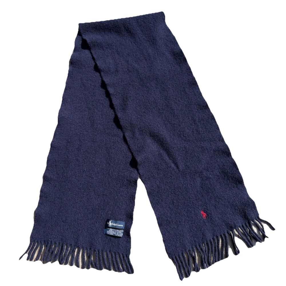 Polo Ralph Lauren Lambs Wool Scarf Navy Blue Fringe Vintage Scotland Preppy